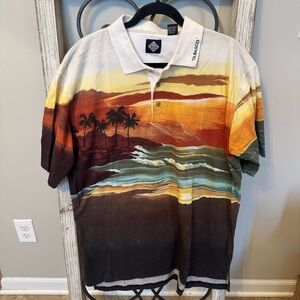 Tabasco Tropical Sunset Palm Tree Graphic Polo Shirt L Vintage